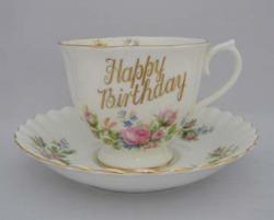 Royal Albert Moss Rose Cup & Saucer - Happy Birthday