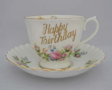 Royal Albert Moss Rose Cup & Saucer - Happy Birthday