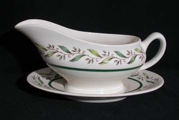 Royal Doulton Almond Willow D6373 Gravy Boat & Underplate - Underplate glazed - Small chips on base of boat